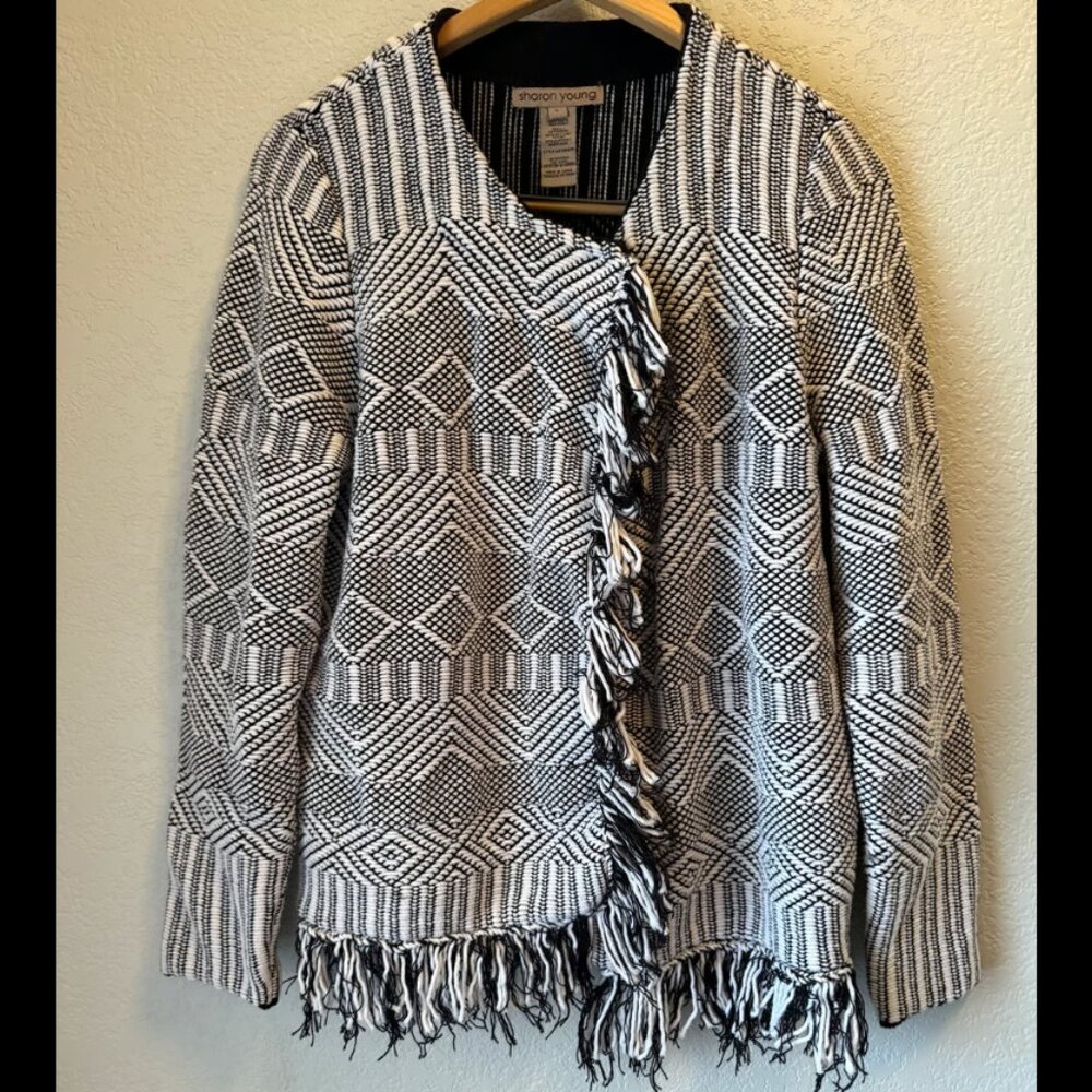 Sharon Young Black & White Textured Fringe Cardigan Size Large